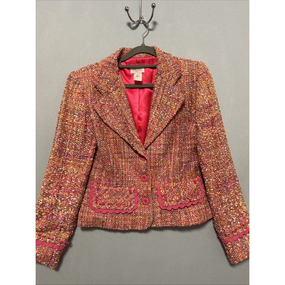 Vintage Althuser Womans 100% Silk Button Up ‎ Tweed Blazer Lined Pink Size 2
